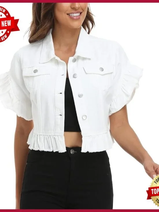 Cropped Denim Jacket with Ruffle Sleeves, Distressed Hem, Fitted Fit - Picture 1 of 7
